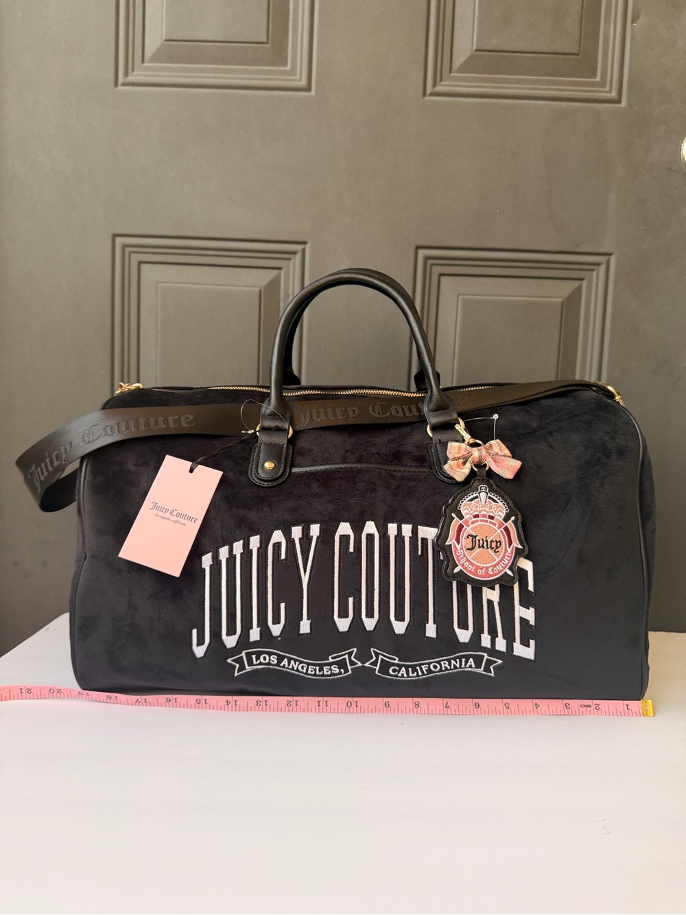 Juicy Couture Black Velour Travel Duffel with Pink Charm
